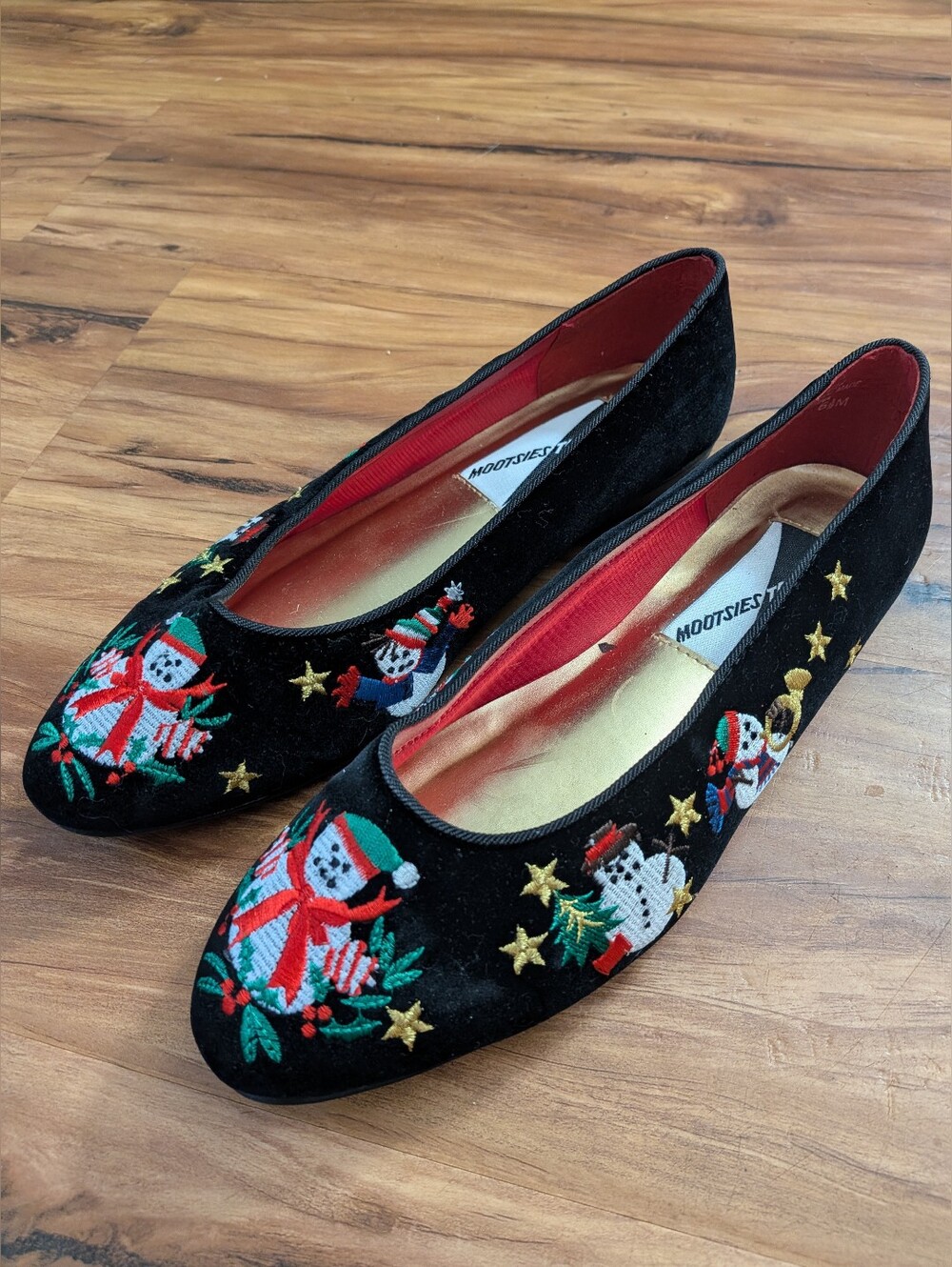 Vintage Mootsies Tootsies Black Velvet Snowman Embroidered Flats Size 6.5M